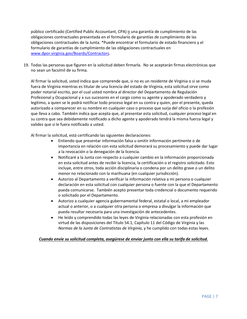 Instrucciones para Formulario A501-27LIC Contractor Firm License Application - Virginia (Spanish), Page 7