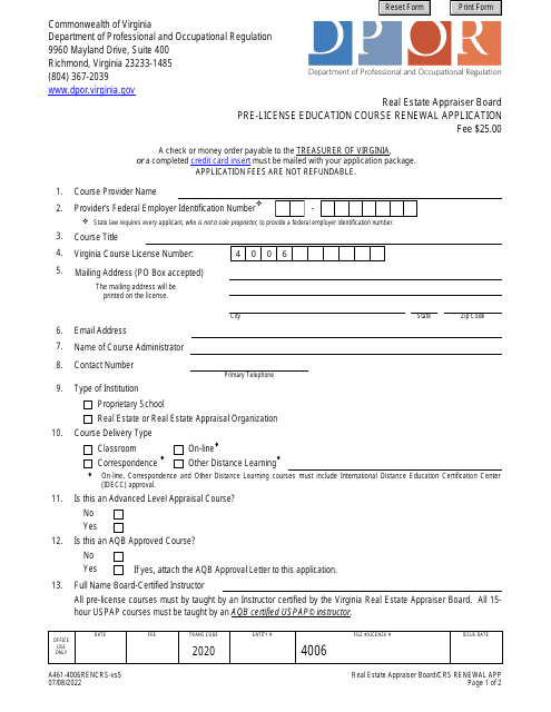 Form A461-4006RENCRS Pre-license Education Course Renewal Application - Virginia