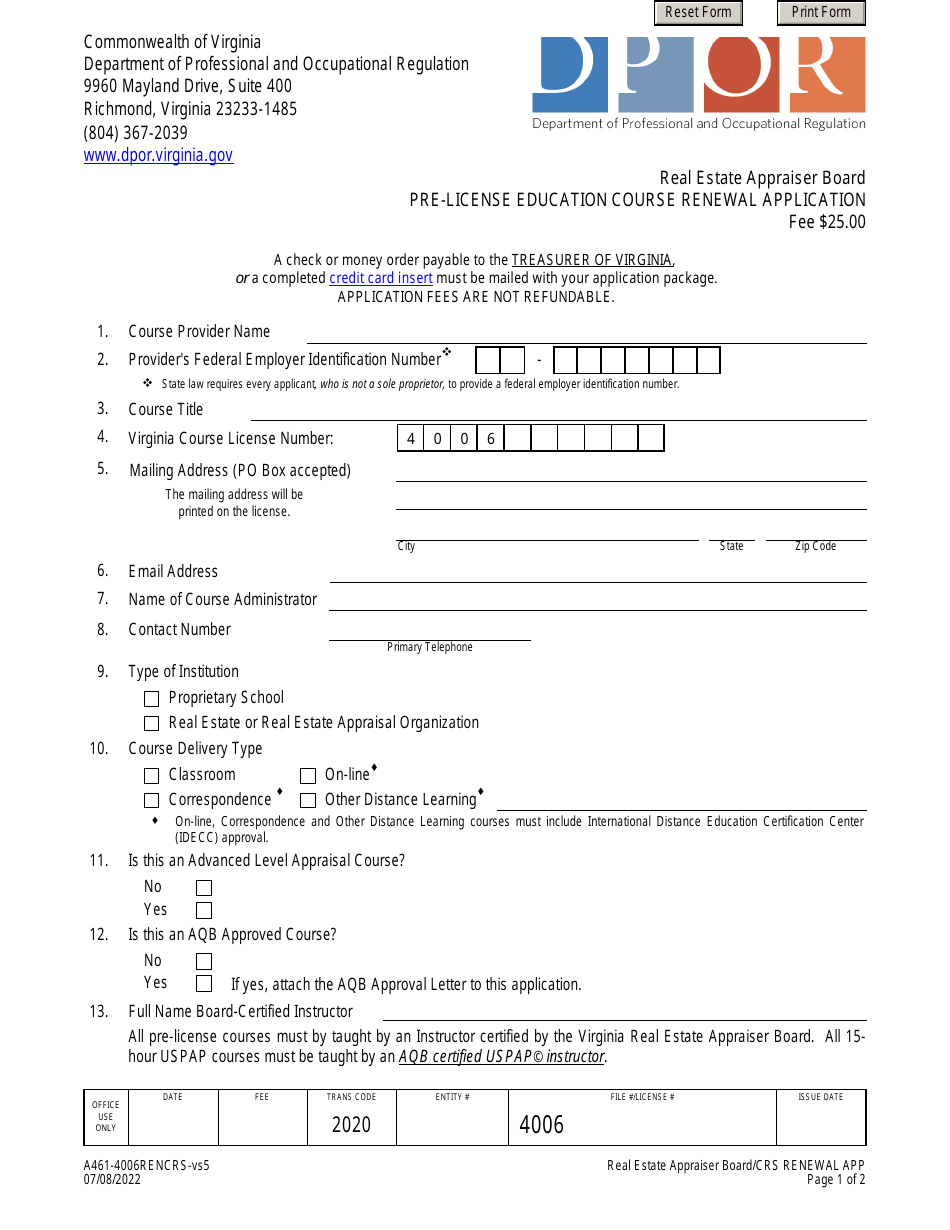 Form A461-4006RENCRS Pre-license Education Course Renewal Application - Virginia, Page 1