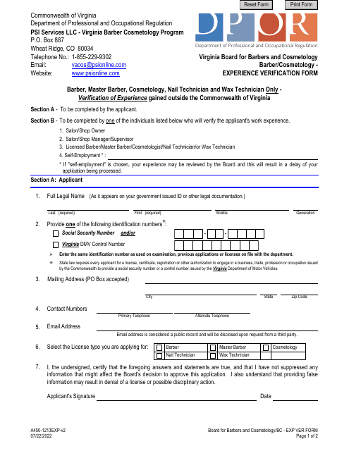 Form A450-1213EXP Barber/Cosmetology - Experience Verification Form - Virginia