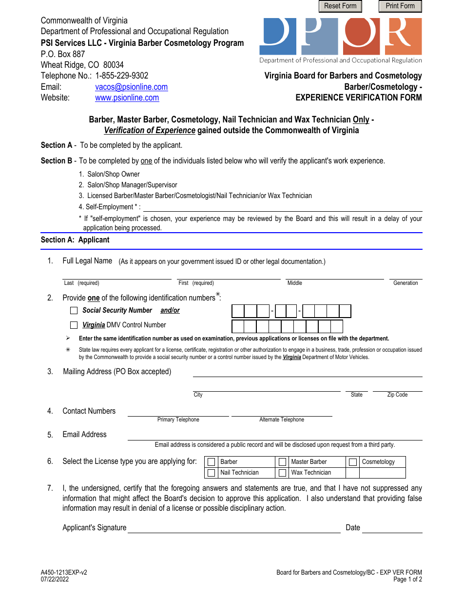 Form A450-1213EXP Barber / Cosmetology - Experience Verification Form - Virginia, Page 1