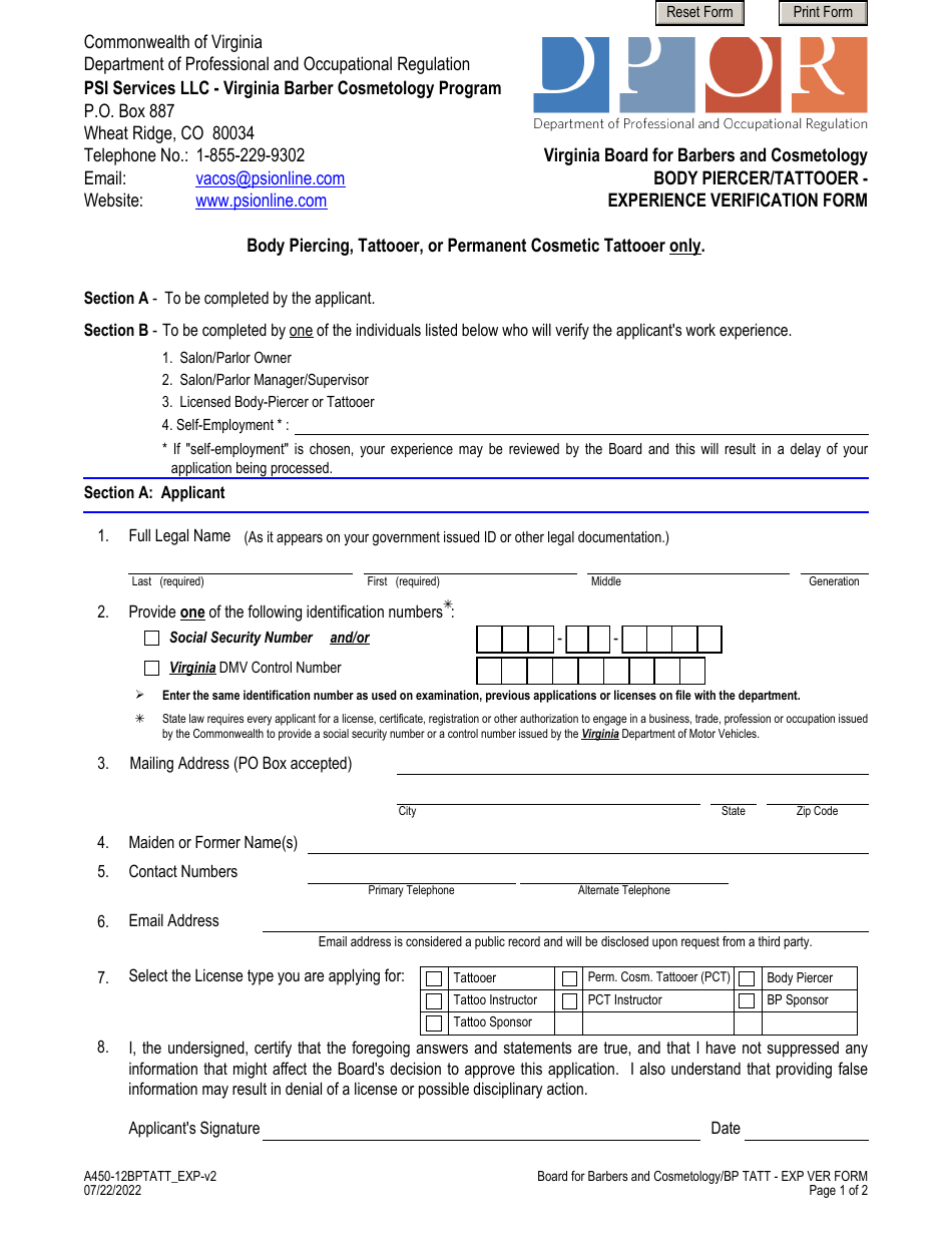 Form A450-12BPTATT_EXP Body Piercer / Tattooer - Experience Verification Form - Virginia, Page 1