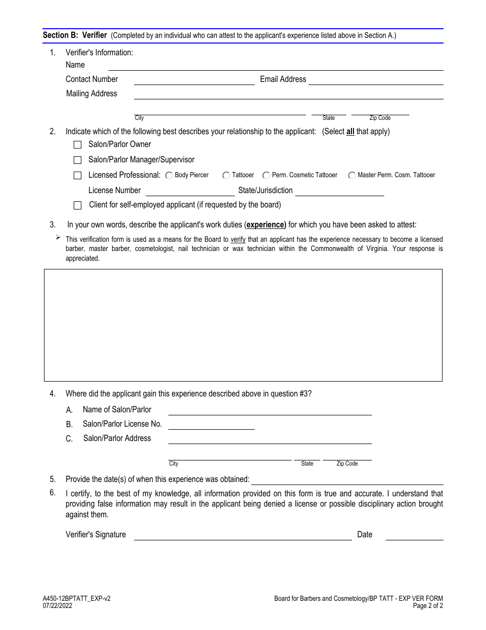 Form A450-12BPTATT_EXP Body Piercer / Tattooer - Experience Verification Form - Virginia, Page 2
