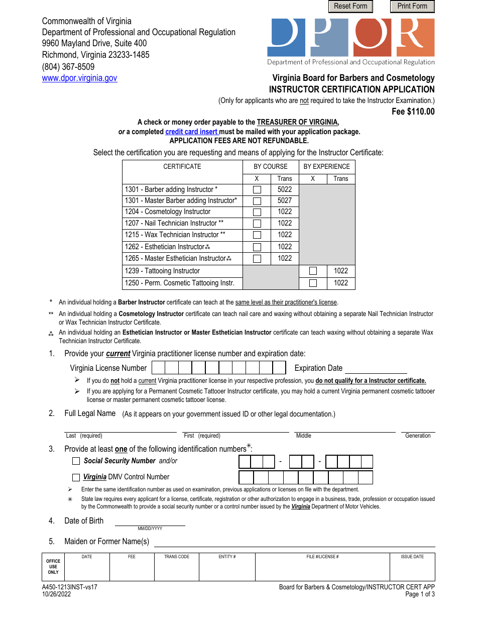 Form A450-1213INST Instructor Certification Application - Virginia, Page 1