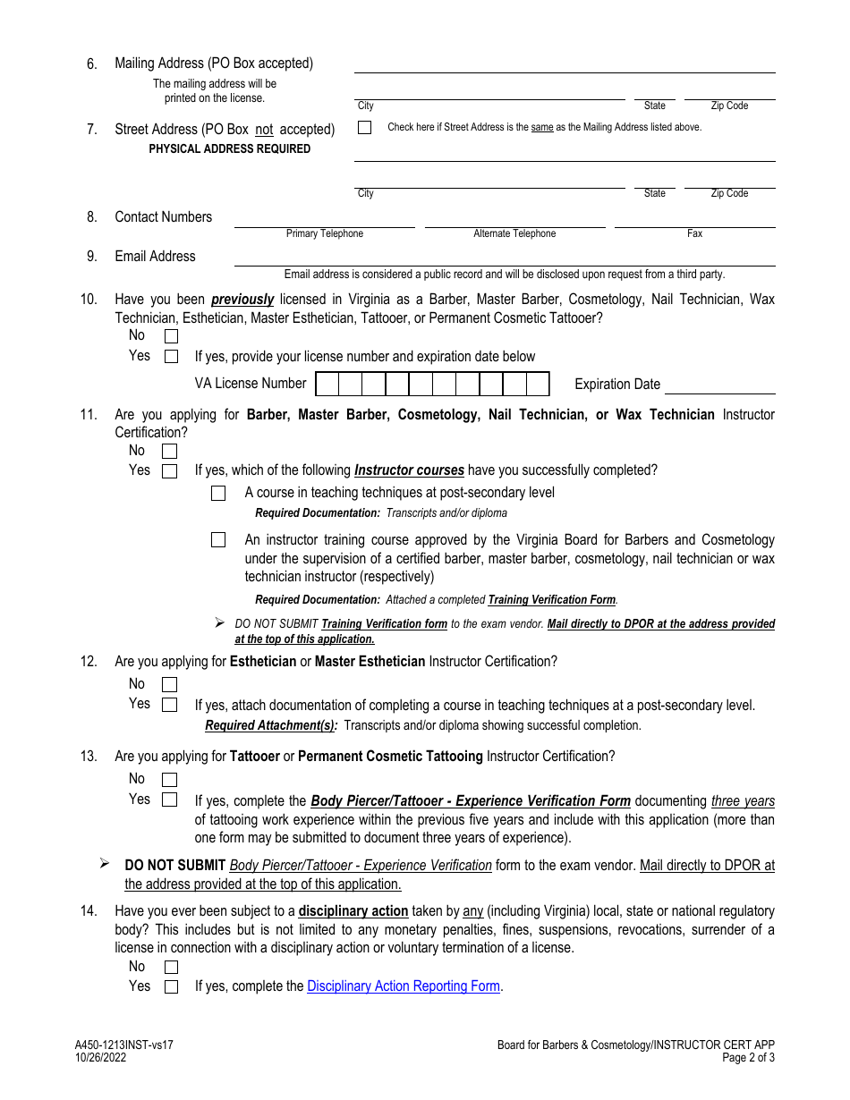 Form A450-1213INST Instructor Certification Application - Virginia, Page 2