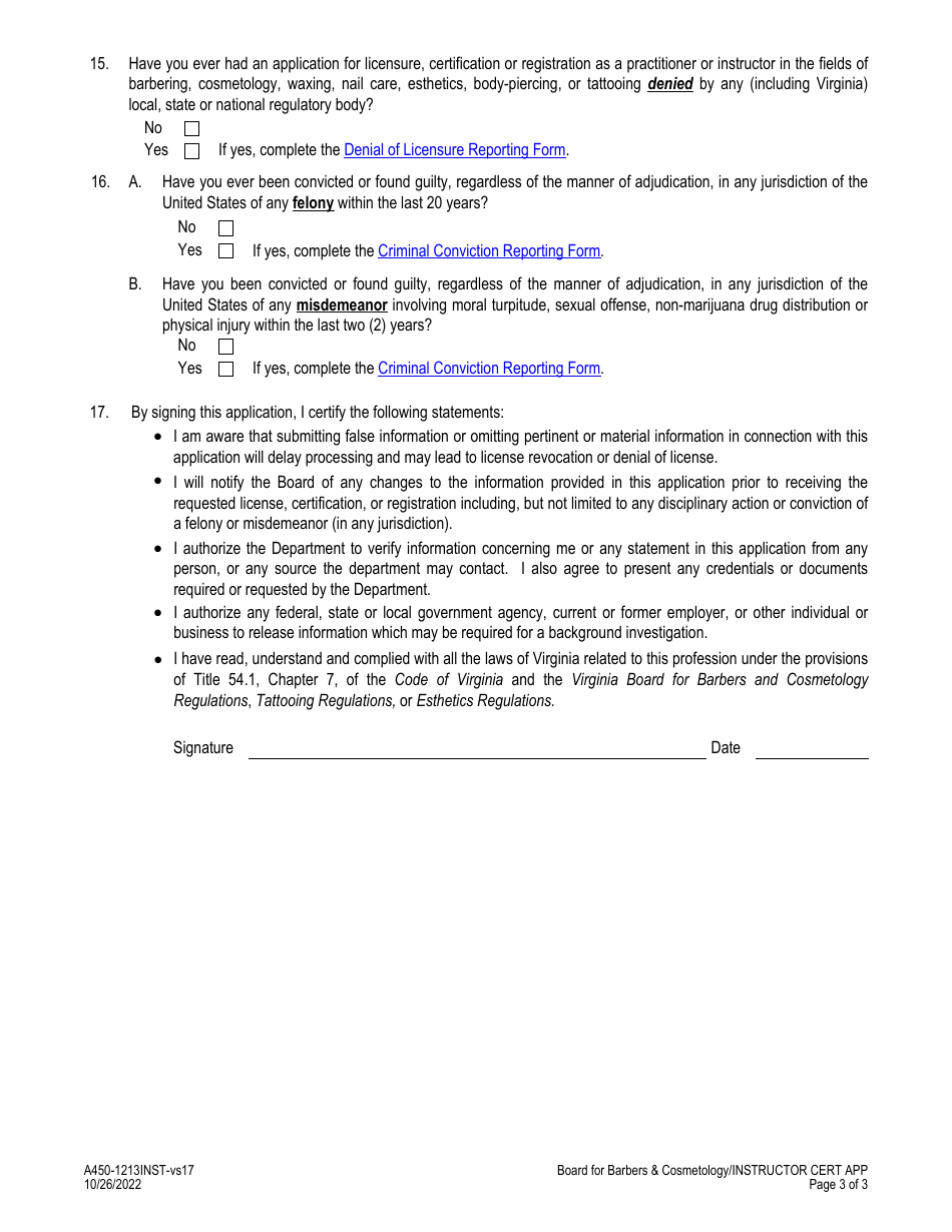 Form A450-1213INST Instructor Certification Application - Virginia, Page 3