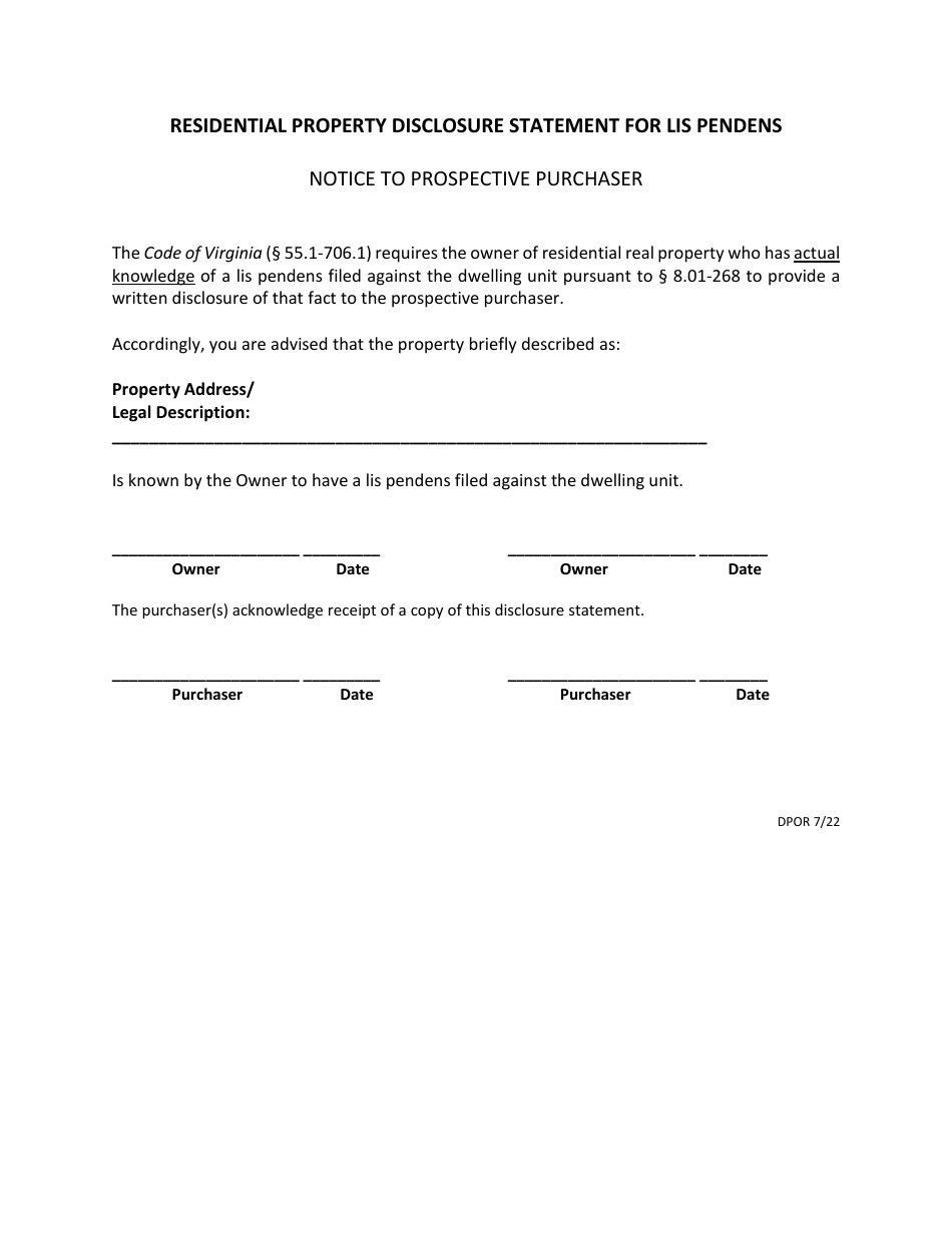 Residential Property Disclosure Statement for Lis Pendens - Virginia, Page 1