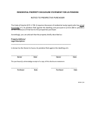 Document preview: Residential Property Disclosure Statement for Lis Pendens - Virginia