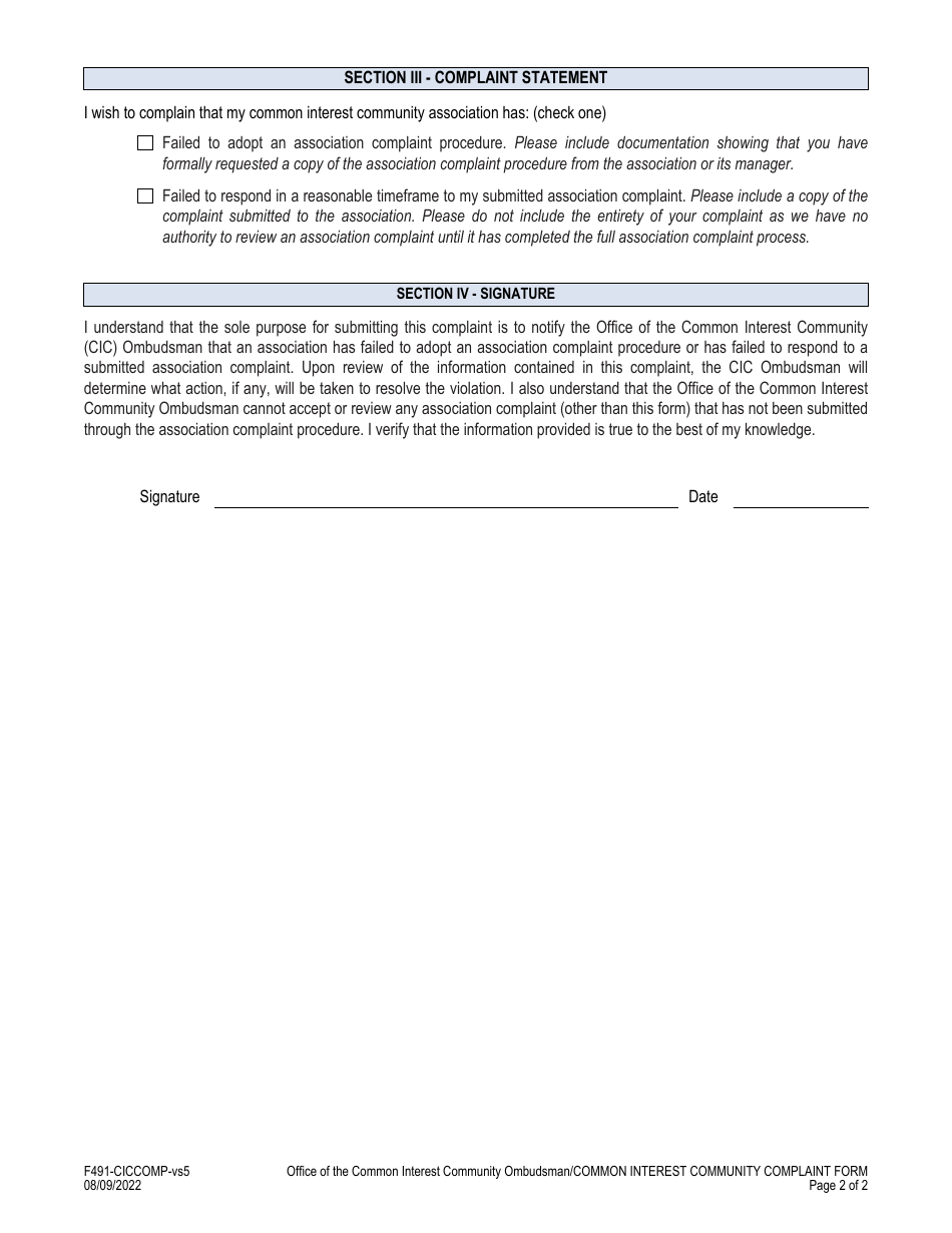 Form F491-CICCOMP Common Interest Community Complaint Form - Virginia, Page 3