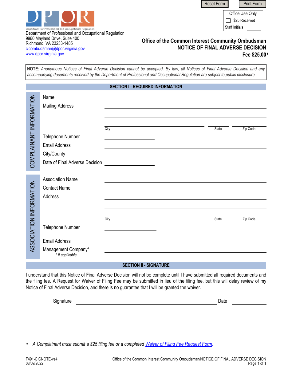 Form F491-CICNOTE Notice of Final Adverse Decision - Virginia, Page 3