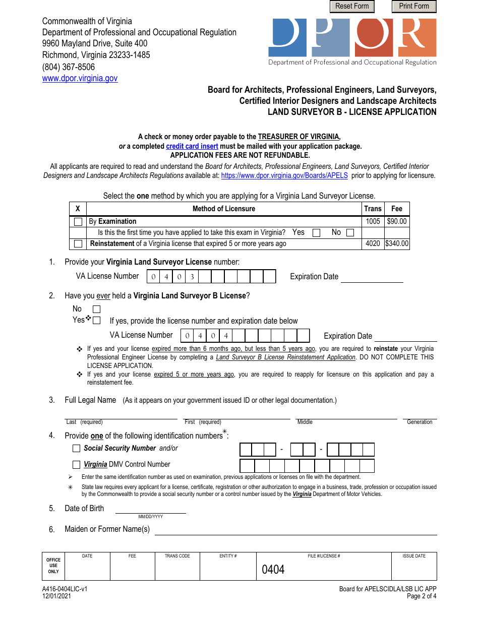 Form A416-0404LIC Land Surveyor B - License Application - Virginia, Page 2