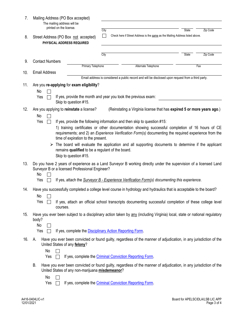 Form A416-0404LIC Land Surveyor B - License Application - Virginia, Page 3