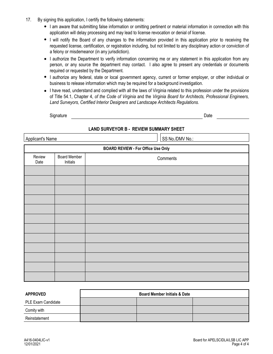 Form A416-0404LIC Land Surveyor B - License Application - Virginia, Page 4