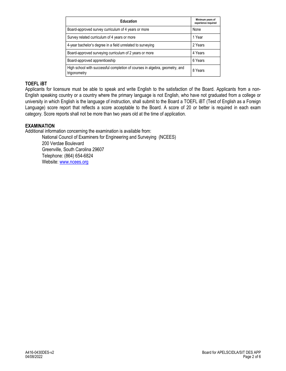 Form A416-0430DES Surveyor-In-training Designation Application - Certified Interior Designers and Landscape Architects - Virginia, Page 2
