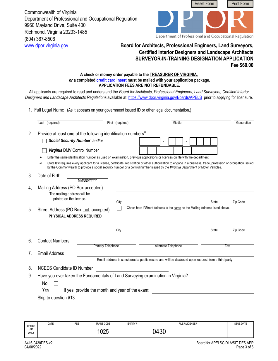 Form A416-0430DES Surveyor-In-training Designation Application - Certified Interior Designers and Landscape Architects - Virginia, Page 3
