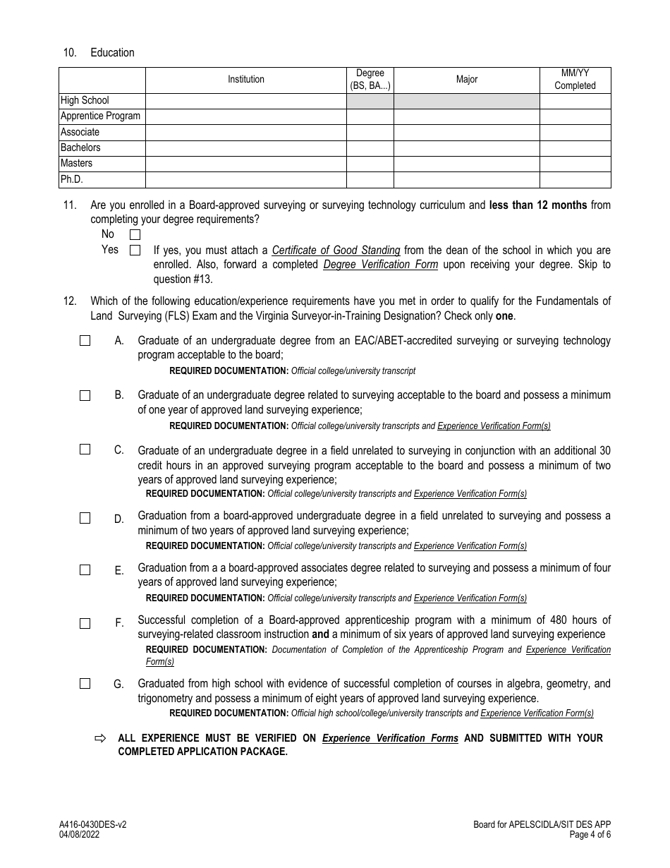 Form A416-0430DES Surveyor-In-training Designation Application - Certified Interior Designers and Landscape Architects - Virginia, Page 4