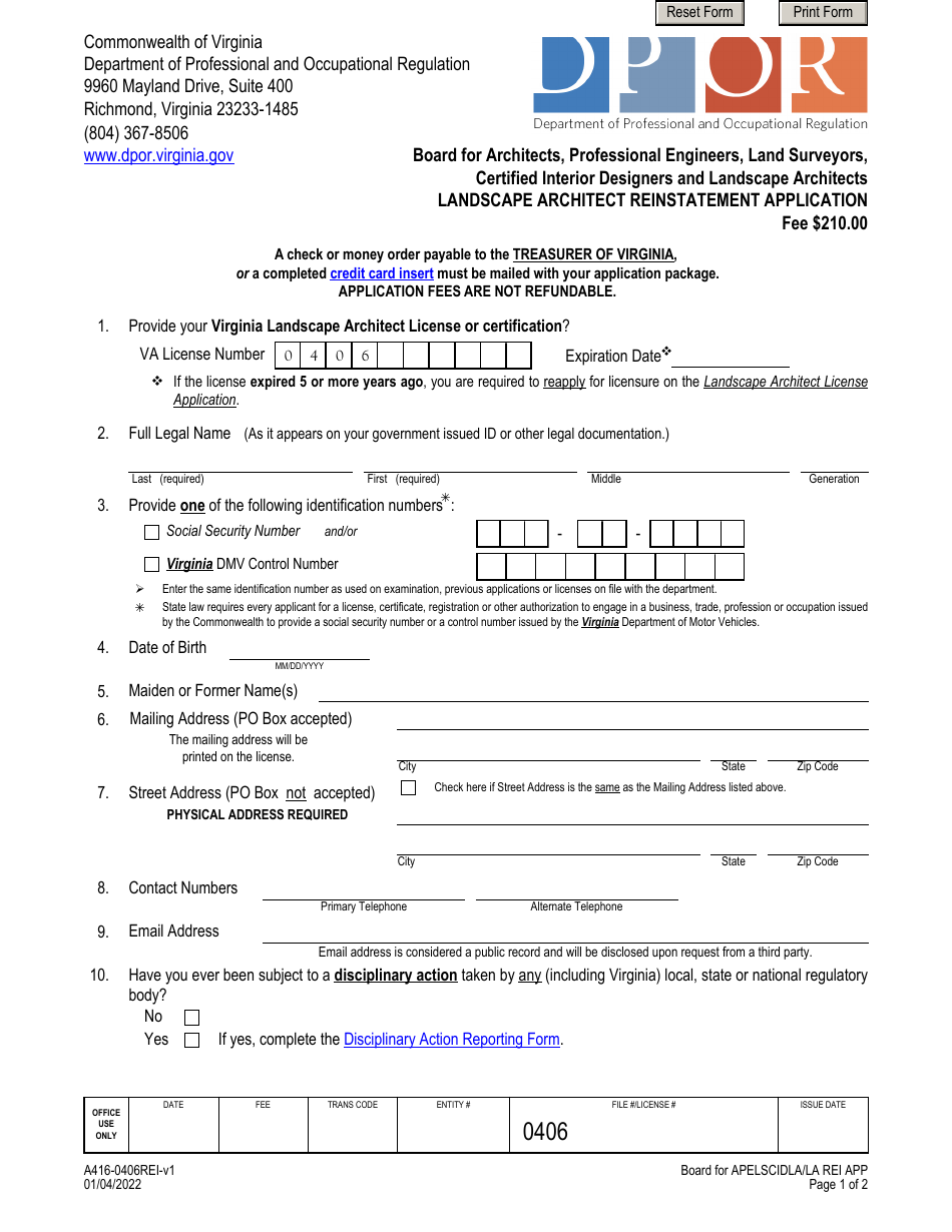 Form A416-0406RE Landscape Architect Reinstatement Application - Virginia, Page 1