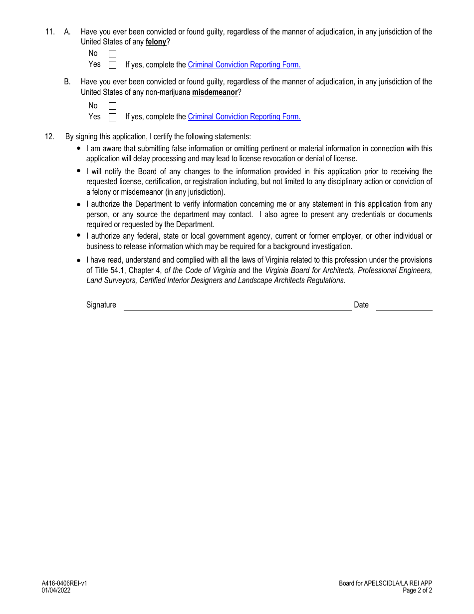 Form A416-0406RE Landscape Architect Reinstatement Application - Virginia, Page 2