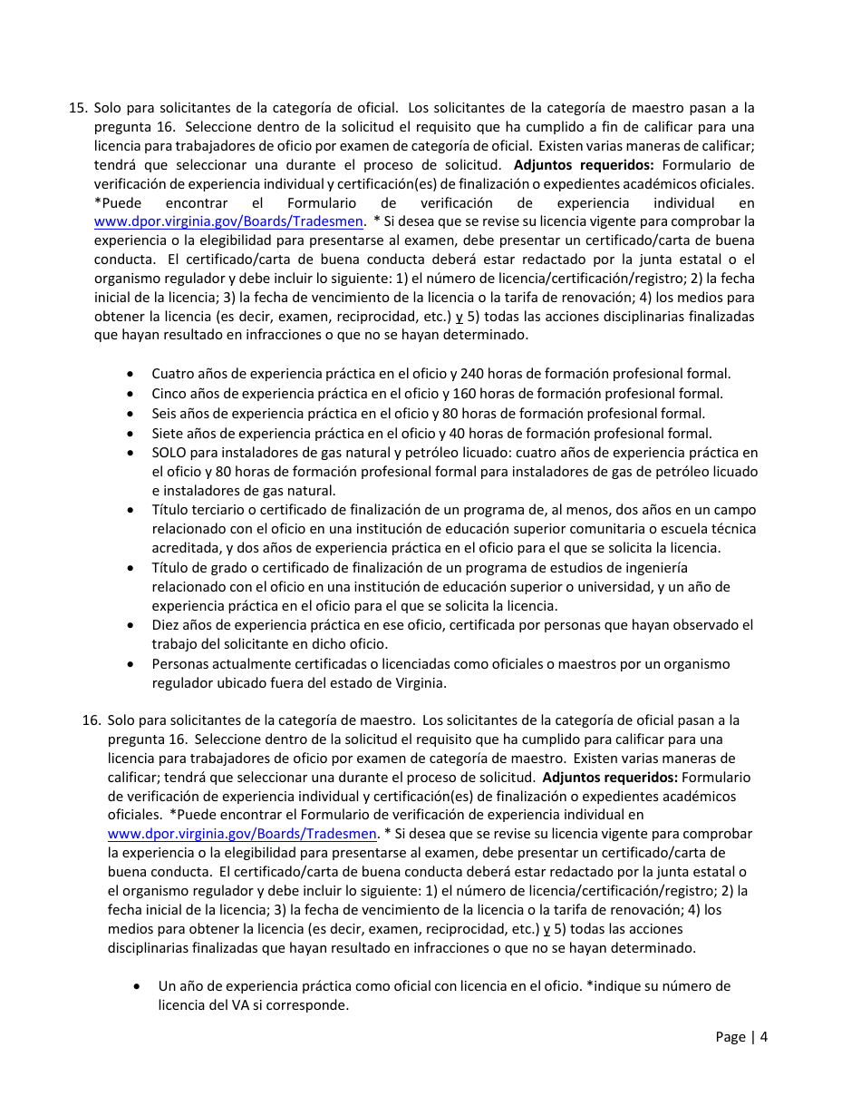 Instrucciones para Formulario A501-2710EXLIC Tradesman Exam  License Application - Virginia (Spanish), Page 4