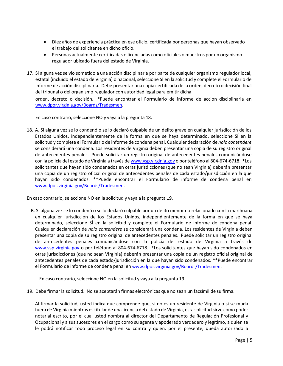 Instrucciones para Formulario A501-2710EXLIC Tradesman Exam  License Application - Virginia (Spanish), Page 5