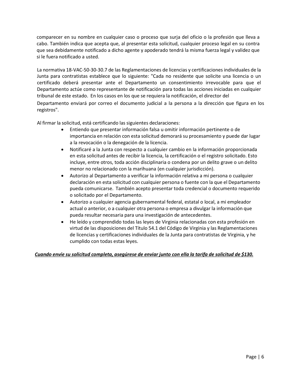 Instrucciones para Formulario A501-2710EXLIC Tradesman Exam  License Application - Virginia (Spanish), Page 6