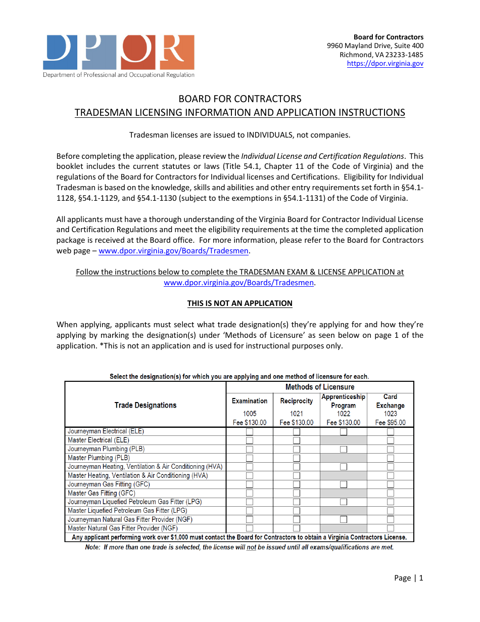 Instructions for Form A501-2710EXLIC Tradesman Exam  License Application - Virginia, Page 1