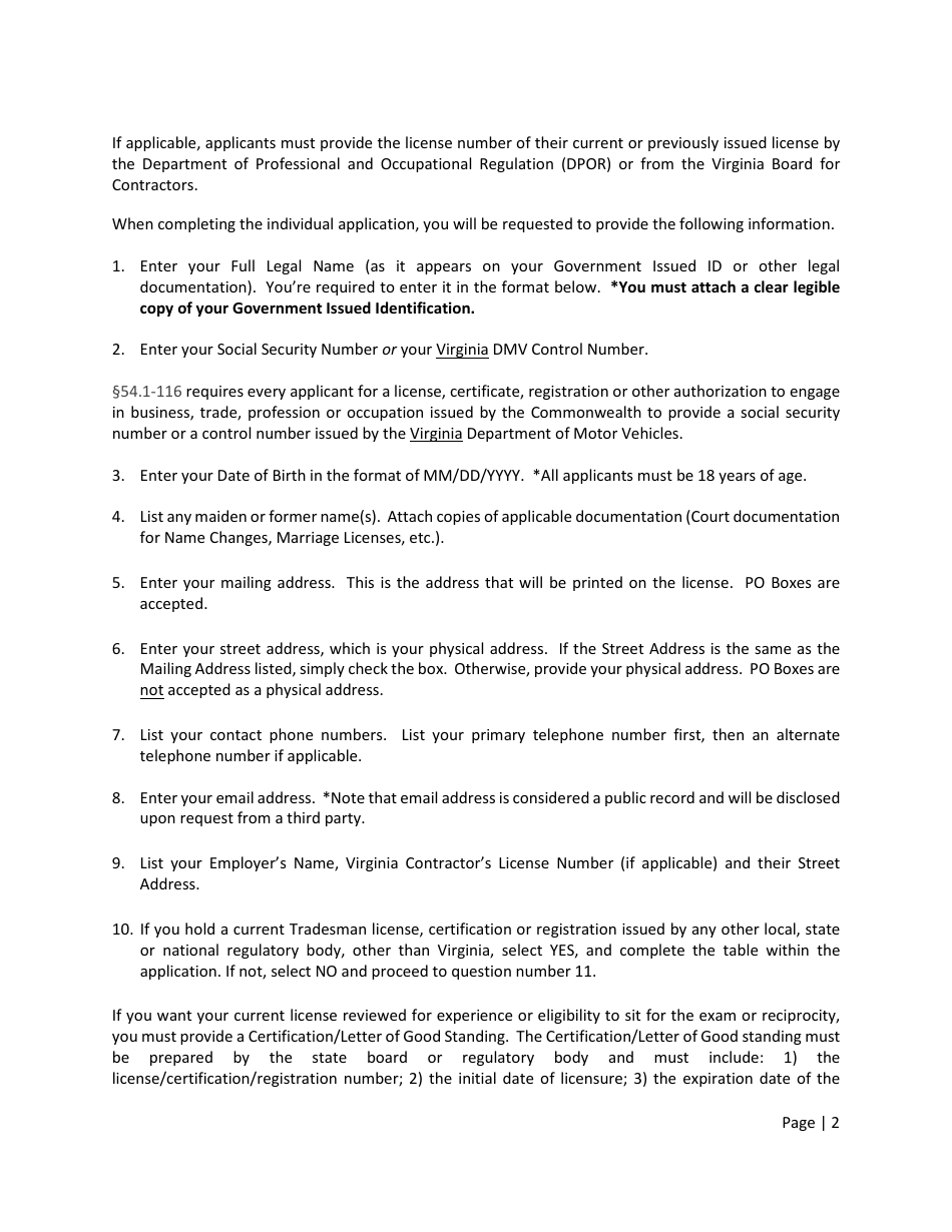 Instructions for Form A501-2710EXLIC Tradesman Exam  License Application - Virginia, Page 2