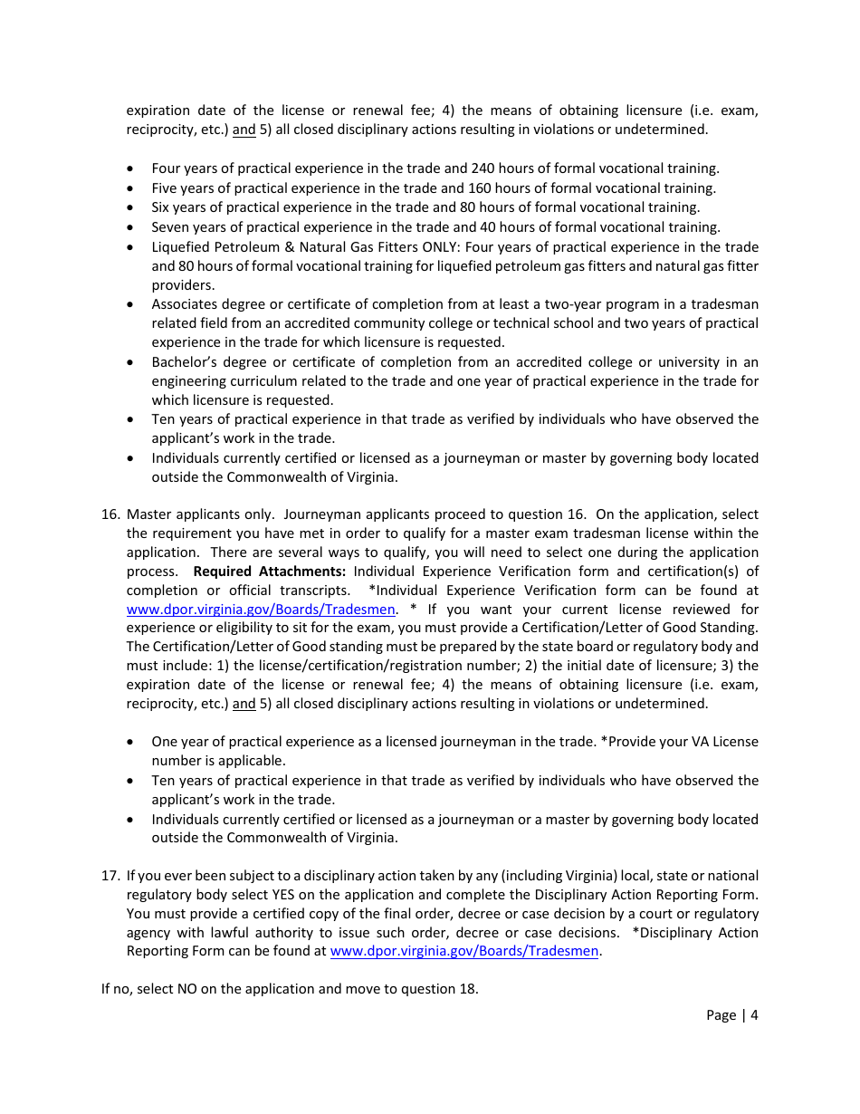 Instructions for Form A501-2710EXLIC Tradesman Exam  License Application - Virginia, Page 4