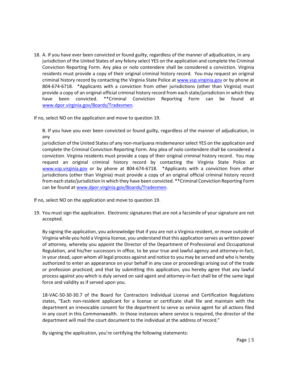 Instructions for Form A501-2710EXLIC Tradesman Exam  License Application - Virginia, Page 5