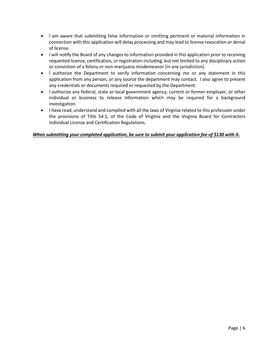 Instructions for Form A501-2710EXLIC Tradesman Exam  License Application - Virginia, Page 6