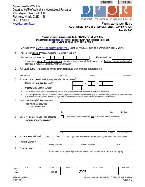 Form A429-2905_07REI Auctioneer License Reinstatement Application - Virginia