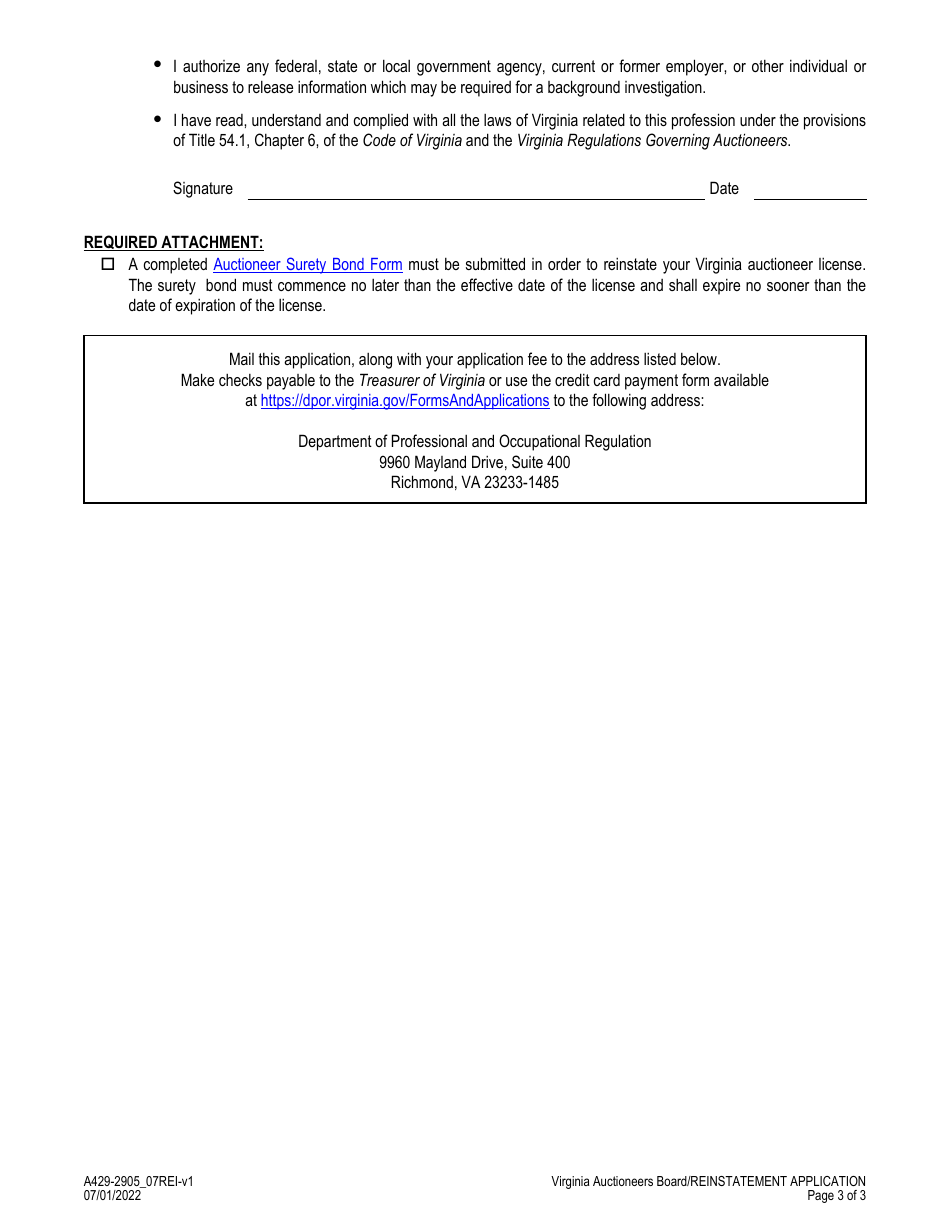 Form A429-2905_07REI Auctioneer License Reinstatement Application - Virginia, Page 3