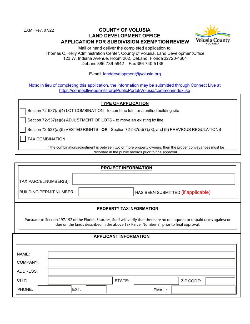 Volusia County, Florida Application for Subdivision Exemption Review