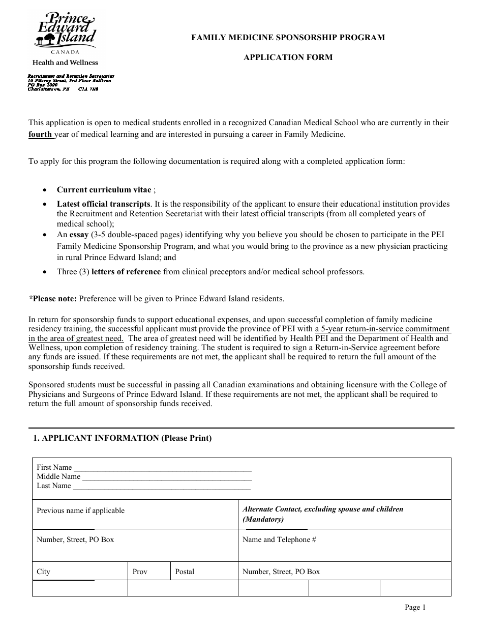 Application Form - Family Medicine Sponsorship Program - Prince Edward Island, Canada, Page 1