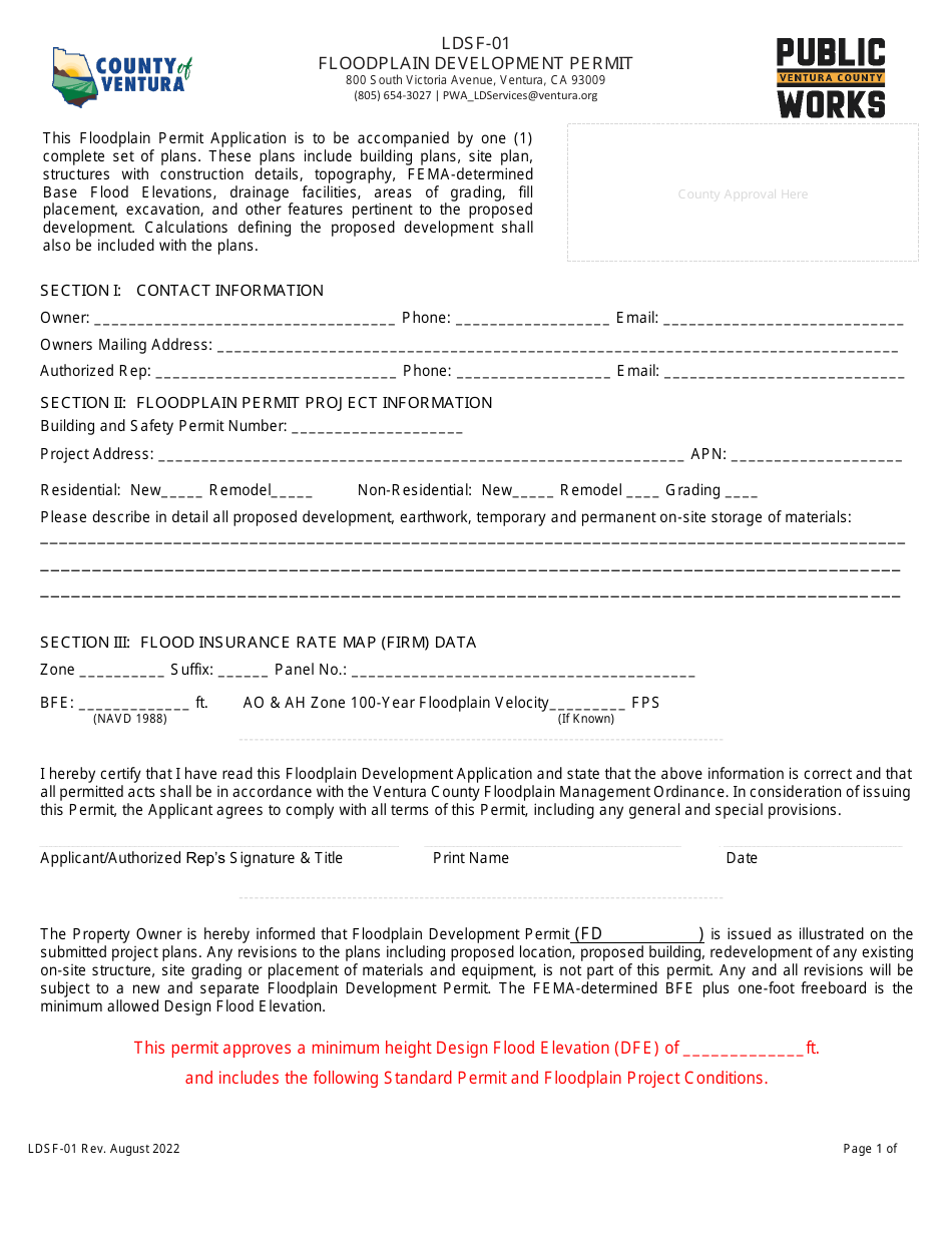 Form LDSF-01 Floodplain Development Permit - County of Ventura, California, Page 1