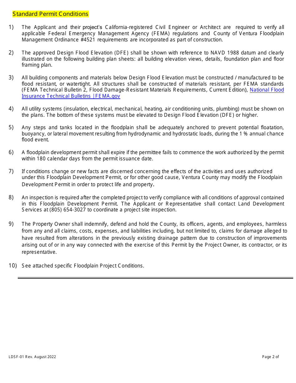 Form LDSF-01 Floodplain Development Permit - County of Ventura, California, Page 2