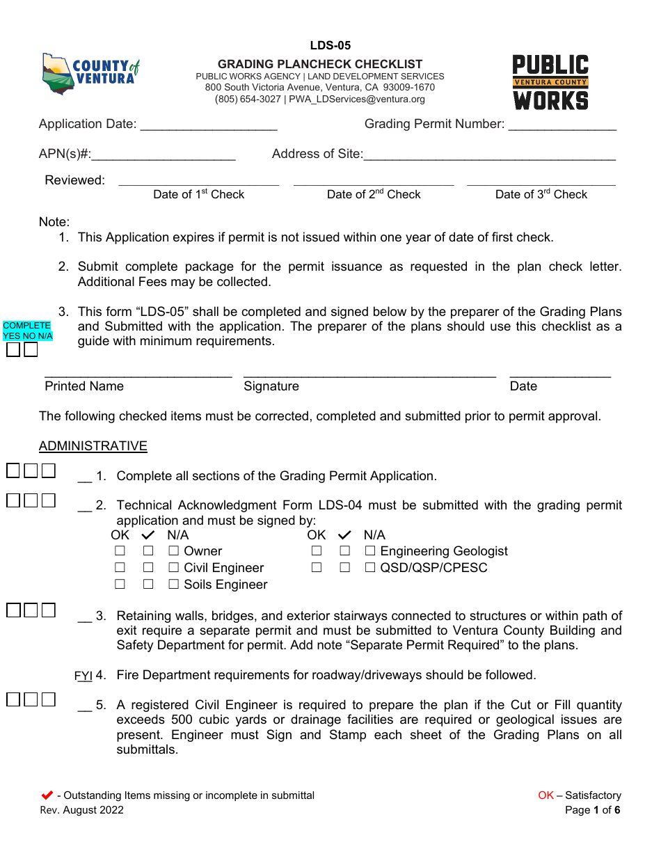 Form LDS-05 Grading Plancheck Checklist - County of Ventura, California, Page 1