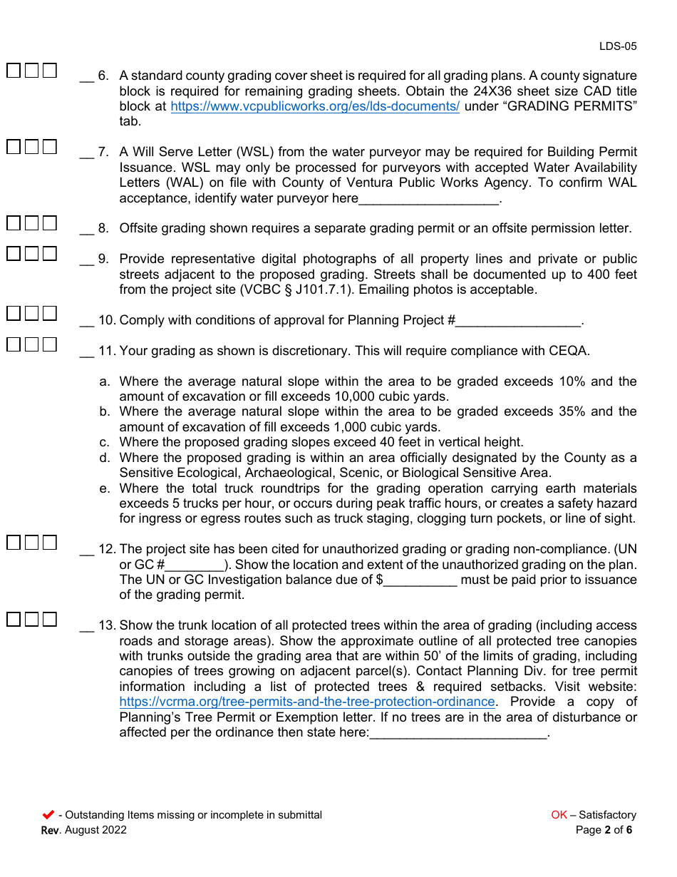 Form LDS-05 Grading Plancheck Checklist - County of Ventura, California, Page 2