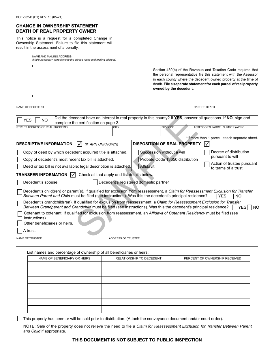 Form BOE-502-D Change in Ownership Statement - Death of Real Property Owner - Sample - California, Page 1