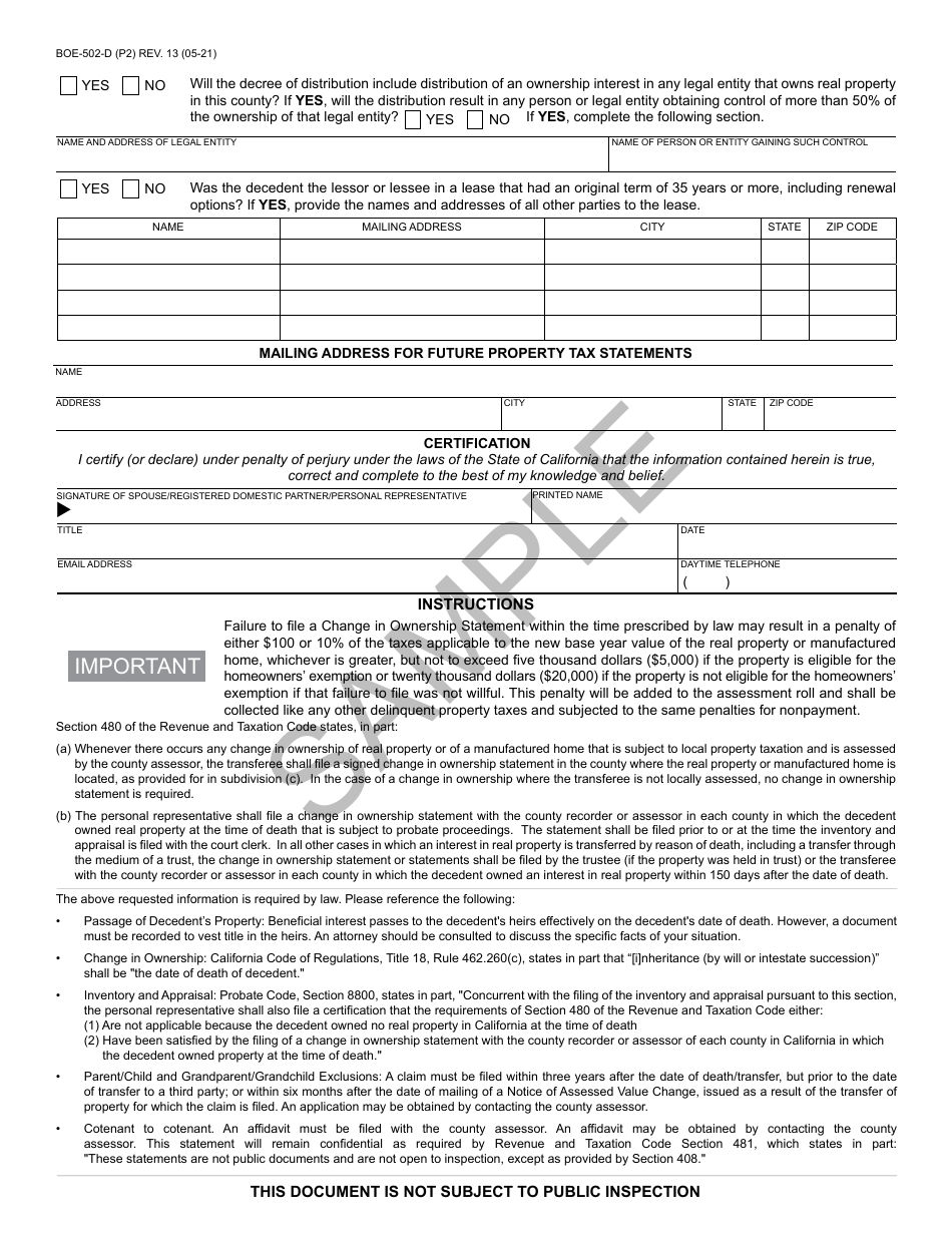 Form BOE-502-D Change in Ownership Statement - Death of Real Property Owner - Sample - California, Page 2