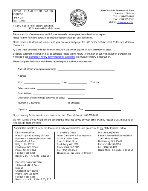 Form AC-1 Apostille and Certification Request - West Virginia