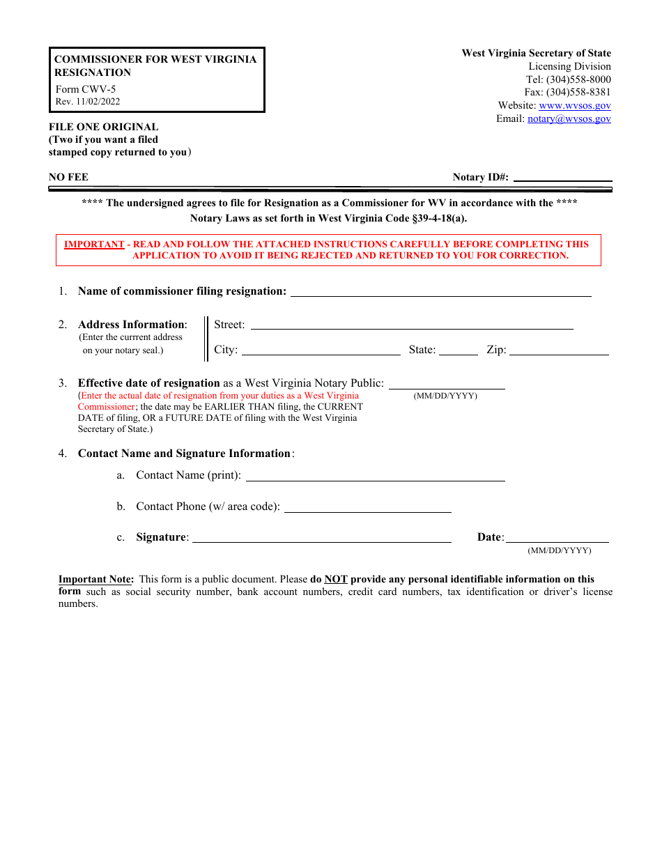 Form CWV-5 Commissioner for West Virginia Resignation - West Virginia, Page 1