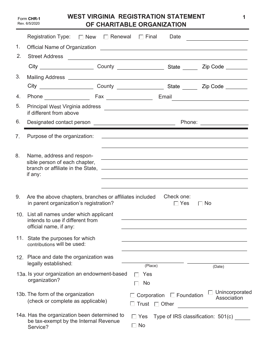 Form CHR-1 Registration Statement of Charitable Organizations - West Virginia, Page 2