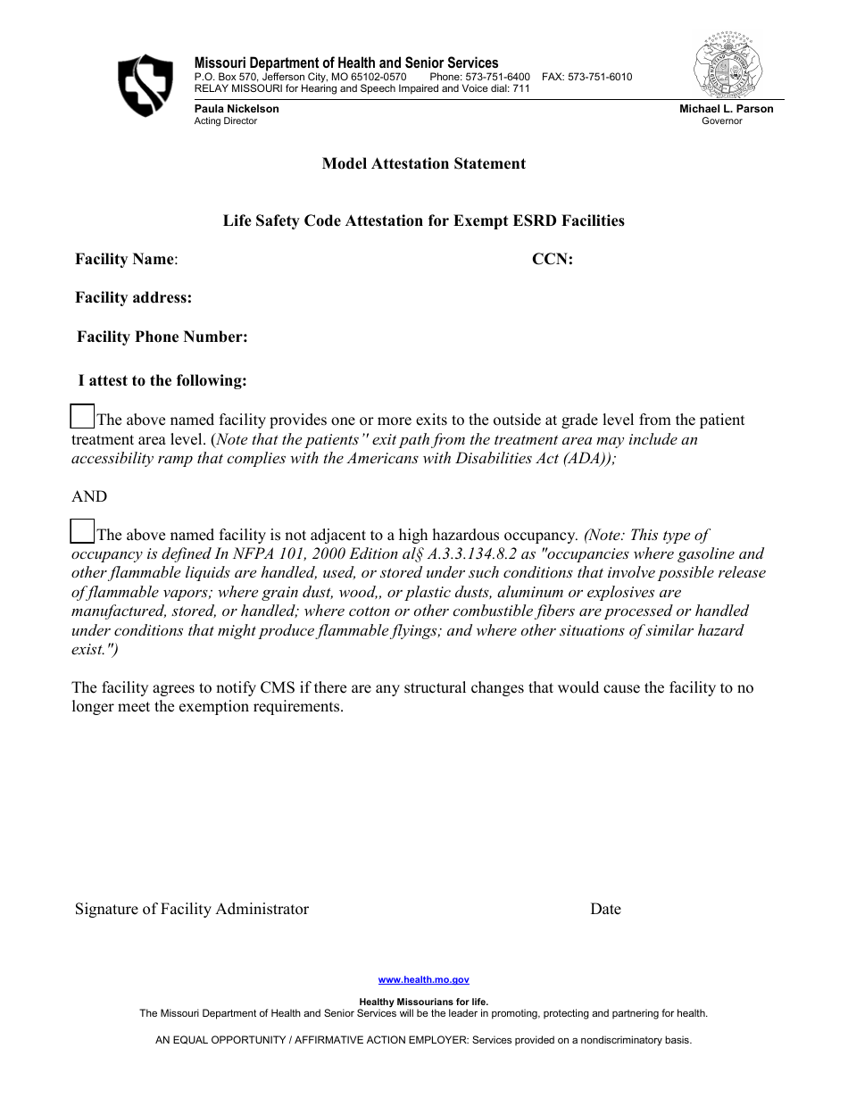 Model Attestation Statement - Life Safety Code Attestation for Exempt Esrd Facilities - Missouri, Page 1