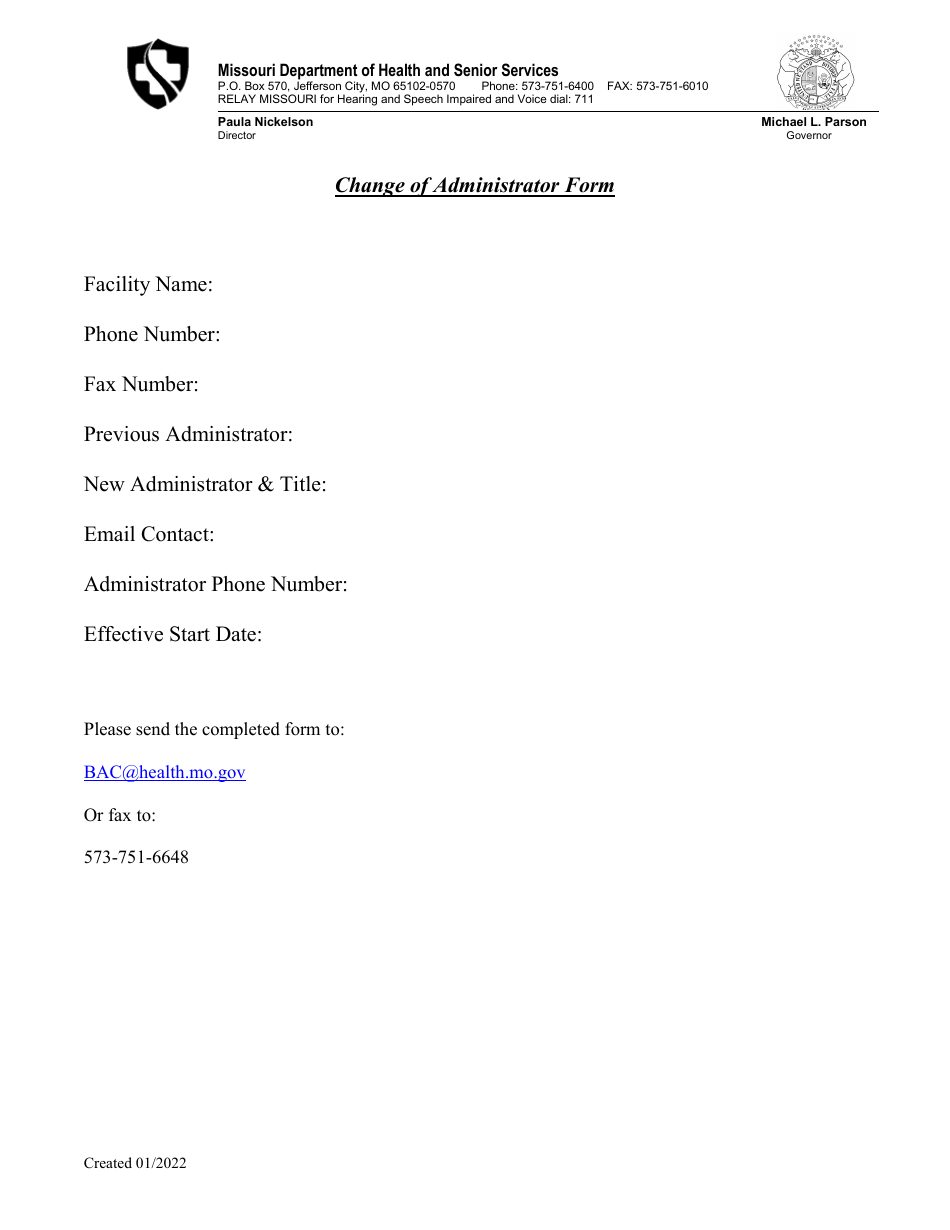 Change of Administrator Form - Missouri, Page 1