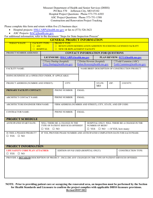 Construction and Renovation Project Tracking Form - Missouri Download Pdf