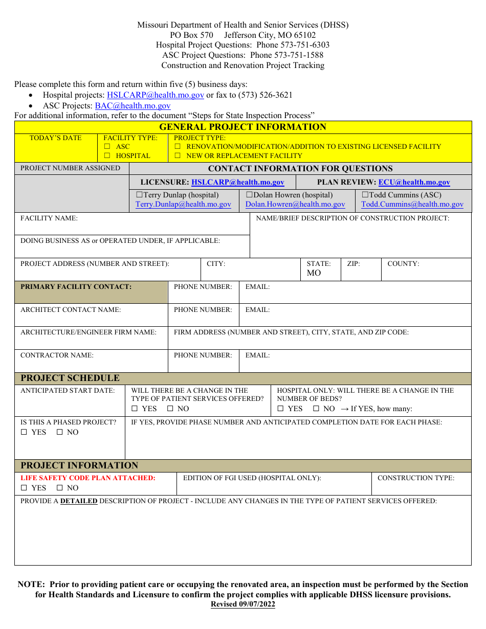 Construction and Renovation Project Tracking Form - Missouri, Page 1
