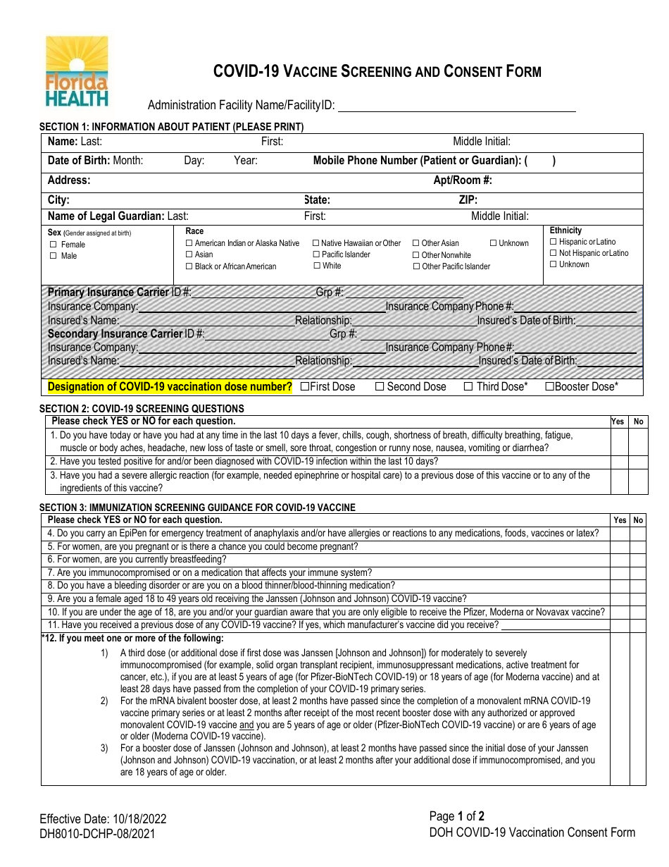 Form DH8010-DCHP Covid-19 Vaccine Screening and Consent Form - Florida, Page 1