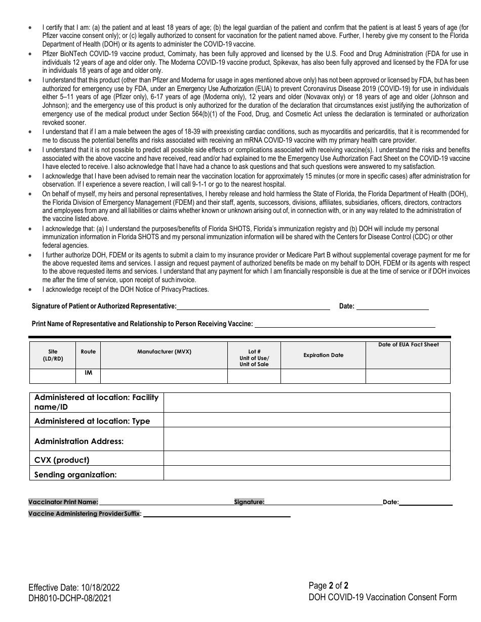 Form DH8010-DCHP Covid-19 Vaccine Screening and Consent Form - Florida, Page 2