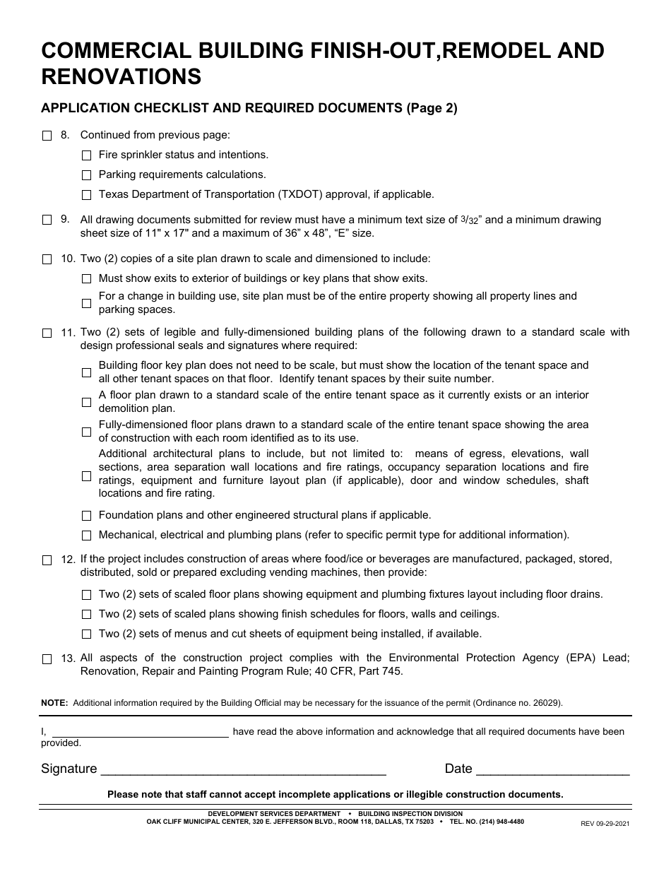 Commercial Building Finish-Out, Remodel and Renovations Application Checklist - City of Dallas, Texas, Page 2